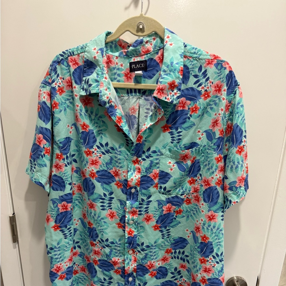 Place Men's Tropical Floral Shirt - Aqua and Red